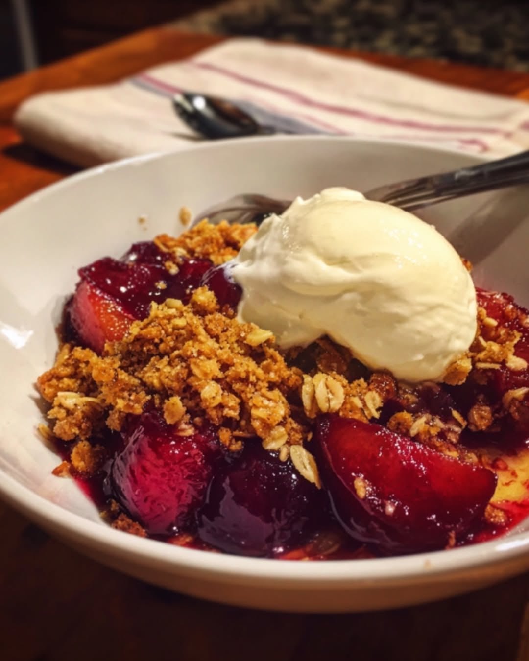 Spiced Plum Crisp With Vanilla Cream